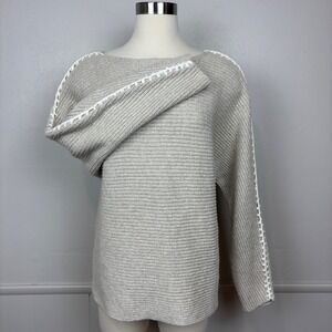 Pure Jill Knit Pullover Sweater Size M Beige Boatneck Hand Embroidered Sleeve